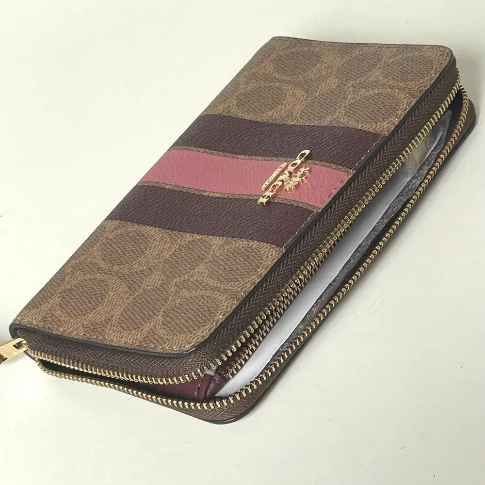 Coach Medium Zip Wallet Brown Signature Canvas Varsity Stripe ID CBO79